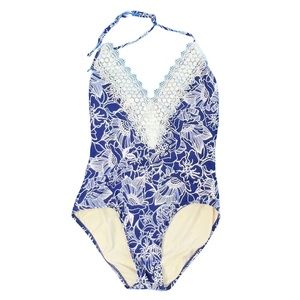 4/$40 Sea Angel Blue & White Lace V-Neck Tropical‎ Floral Print Halter Swimsuit